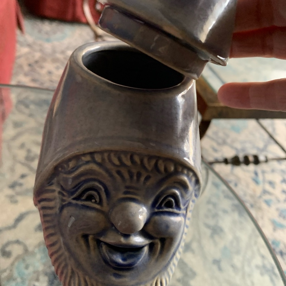 West Germany Blue Gnome Head Smiling Happy Figurine With Lid Kitchen Sugar Candy - Picture 6 of 12